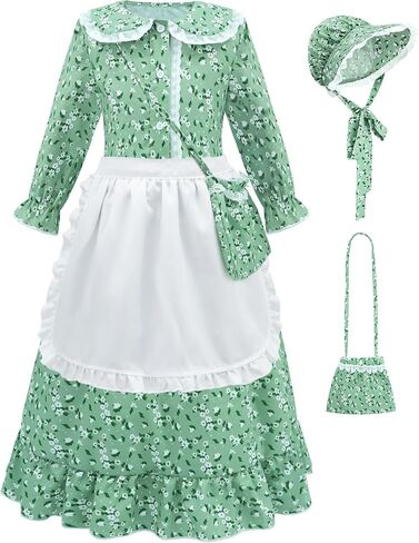RSOEUG Girls Pioneer Colonial Costume Pioneer Outfit for Kids Floral Prairie Dress with Bonnet, Apron and Purses in Saudi Arabia