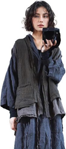 سترة LZJN نسائية من الكتان بطبقة مزدوجة بدون أكمام سترة كيمونو مفتوحة من الأمام صدرية كلاسيكية للشارع مع جيوب in Kuwait