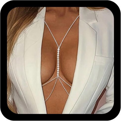 Rhinestone Body Chain for Women Layered Crystal Body Necklace Sexy Beach Bikini Bra Chain Sparkly Diamond Tassel Belly Waist Chain Nightclub Body Accessory Jewelry in Saudi Arabia
