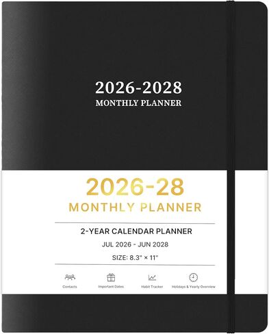 مخطط شهري 2026-2027، مخطط تقويم لمدة عامين، يناير 2026 - ديسمبر 2027، 8.3 بوصة × 11 بوصة، 24 شهرًا، غطاء منقوش، مع علامات تبويب مطبوعة وجيب، إغلاق مرن، منظم للمكتب المنزلي والمدرسة، أسود in Saudi Arabia