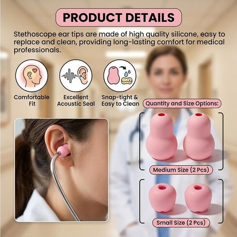 4 Pcs Stethoscope Ear Tips Replacement for Stethoscopes,Compatible with Littmann Eartips,Ear Piece,Replacement Parts for Classic III,Cardiology 3/4&IV,Small/Medium,Silicone Earplug (Pink) in Saudi Arabia