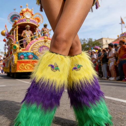 Mardi Gras لتدفئة الساق للنساء والرجال، أغطية للساق Mardi Gras، أحذية كرنفال أرجوانية لإكسسوارات أزياء حفلات مهرجان Fleur de Lis (D) in Kuwait