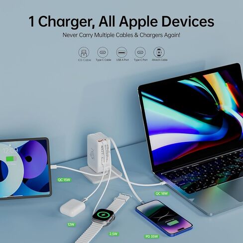 Apple Watch Charger Travel Essentials ، 5 في محطة شحن سفر واحدة لأجهزة Apple ، وشاحن جدران قابل للسحب مع كابلات قابلة للسحب 3 * 3.2 قدم ، وكتاب شاحن سريع لترس التفاح ، رمادي in Kuwait