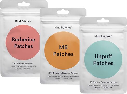 ثلاثية Kind Patches - رقع Unpuff وMB وBerberine - نباتية، ولم يتم الإساءة إلى الحيوانات لتصنيعها، وخالية من اللاتكس - 3 عبوات، 90 قطعة in Kuwait