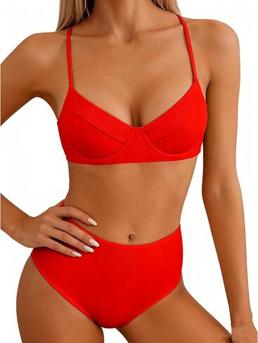 Jolefille Underwire بيكيني مجموعات للنساء عالية الخصر المايوه البطن تحكم مضلع لباس سباحة 2 قطعة رفع لباس سباحة in Kuwait