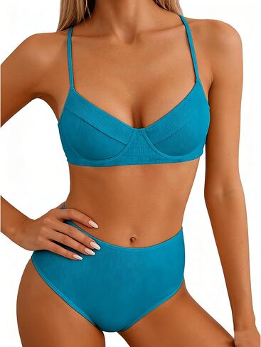 Jolefille Underwire بيكيني مجموعات للنساء عالية الخصر المايوه البطن تحكم مضلع لباس سباحة 2 قطعة رفع لباس سباحة in Kuwait
