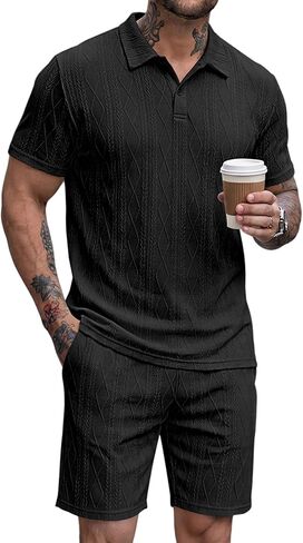JMIERR Mens 2026 Casual 2 Piece Outfits Lounge Sets Jacquard Knit Short Sets Golf Short Sleeve Outfits for Beach Vacation in Saudi Arabia