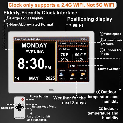 2025 Digital Clock with Auto Time Sync, Weather Forecast, Perpetual Calendar, Photo Frame, Temperature/Humidity Sensor & Custom Alarms - Large Display (Black, 10.1 inch) in Saudi Arabia