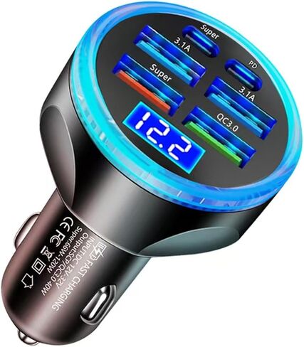 Multi Port USB C Car Charger Adapter مع عرض الجهد PD 30W 6 منافذ فائقة شحن سجائر أخف وزنا مع فولت متر 2 USB-C لجهاز Macbook iPhone 16/15/14/13/12 هواتف Galaxy Android in Kuwait