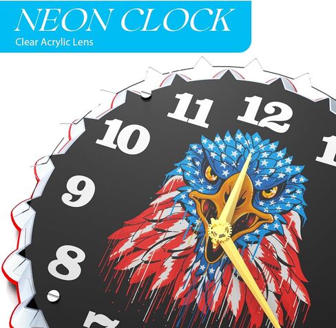 Neoflarea Neon Wall Clock 12 Inch, with American Flag & a Bald Eagle Soaring with Wings Spread Graphics, Non Ticking Clocks, for Living Room/Bedroom/Office/Garage/Bar/Game Room Decor in Saudi Arabia