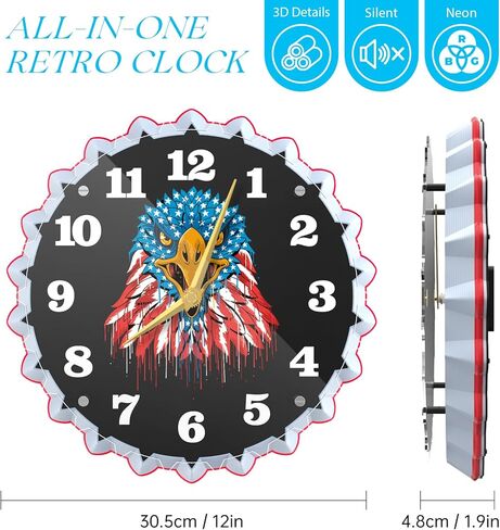 Neoflarea Neon Wall Clock 12 Inch, with American Flag & a Bald Eagle Soaring with Wings Spread Graphics, Non Ticking Clocks, for Living Room/Bedroom/Office/Garage/Bar/Game Room Decor in Saudi Arabia