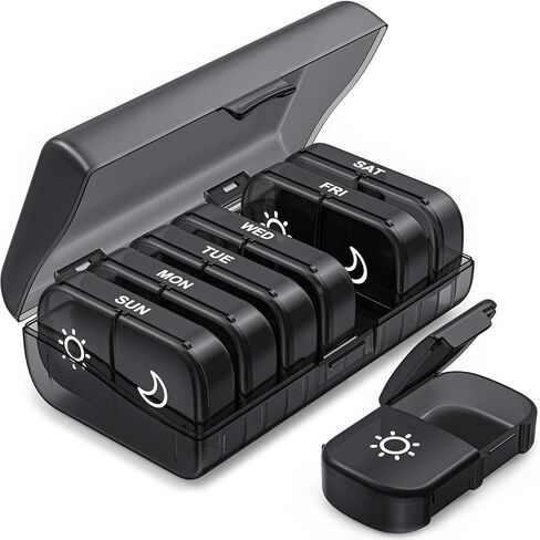 Weekly Pill Organizer, Take Twice A Day, 7-Day Pill Box, Morning and Evening Pill Organizer, Suitable for Medications and Vitamins (Black) in Saudi Arabia