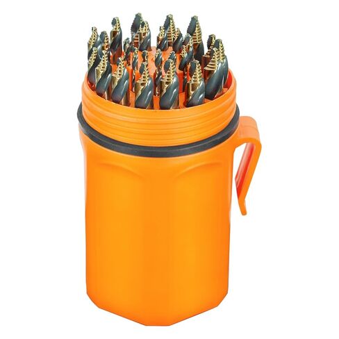 29 Piece Cobalt Stepped Point Drill Bit Set in Round Case w/Gold Oxide Finish for Drilling Acrylic, Steel, Hard Metals, Sizes 1/16" to 1/2" x 64ths in Saudi Arabia