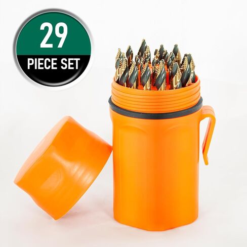 29 Piece Cobalt Stepped Point Drill Bit Set in Round Case w/Gold Oxide Finish for Drilling Acrylic, Steel, Hard Metals, Sizes 1/16" to 1/2" x 64ths in Saudi Arabia
