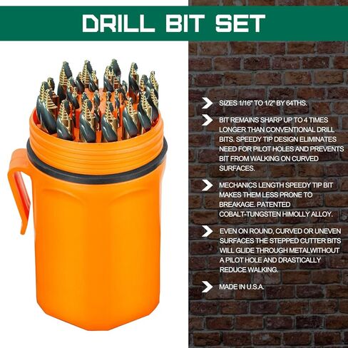 29 Piece Cobalt Stepped Point Drill Bit Set in Round Case w/Gold Oxide Finish for Drilling Acrylic, Steel, Hard Metals, Sizes 1/16" to 1/2" x 64ths in Saudi Arabia