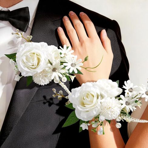 بوتونيير وصدرية معصم باللون البرتقالي الوردي لحفلات الزفاف (مجموعة من 2)، سوار معصم للحفلات الراقصة لحفلات الزفاف، والحفلات الراقصة، والذكرى السنوية، والتخرج، إلخ. in Kuwait