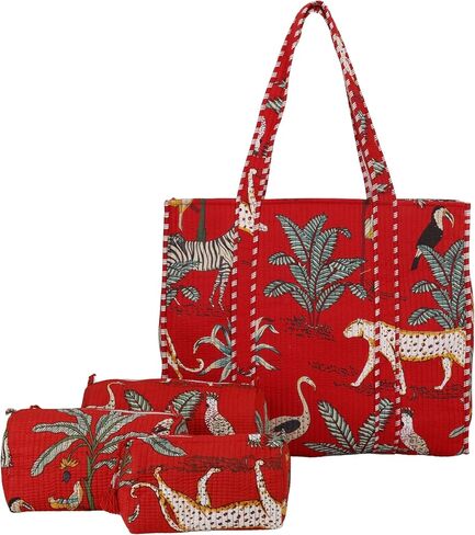 Marubhumi 4 Pcs set of Women Lightweight Travel Bag with Matching Pouches Purse Cotton Shoulder Tote Bag in Saudi Arabia