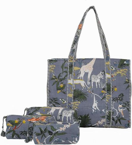 Marubhumi 4 Pcs set of Women Lightweight Travel Bag with Matching Pouches Purse Cotton Shoulder Tote Bag in Saudi Arabia