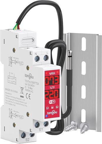 TONGOU WiFi ذكي مفتاح التحكم في درجة الحرارة والرطوبة، DIN Rail مخرج الاتصال الجاف، Tuya/ Smart Life جهاز مراقبة درجة الحرارة عن بعد للرطوبة، للخزانة الكهربائية / حاضنة الدفيئة، معتمد من لجنة الاتصالات الفيدرالية in Saudi Arabia