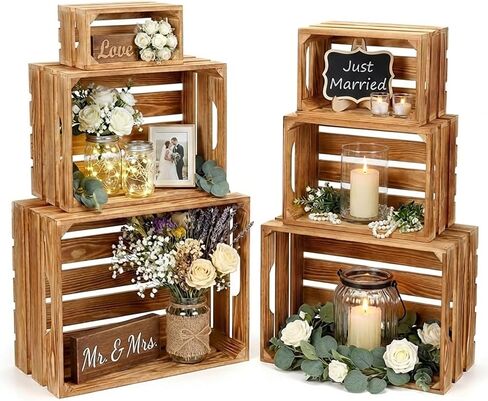 Set of 6 Decorative Wood Crates for Display, 6 Size Farmhouse Wooden Baskets Rustic Nesting Crates Decor Boxes with Handle for Storage, Container, Display, Christmas Decorations in Saudi Arabia
