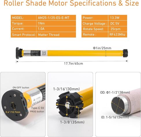 Matter Smart Blinds Motor Kit for 1.5" Shade Tube, Type C Rechargeable Roller Shade Motor, Work with Thread Low Power Consumption, Home Assistant, Alexa, HomeKit Motorized Blinds in Saudi Arabia