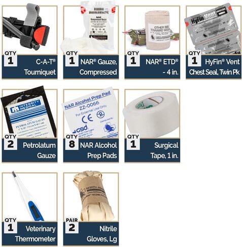 مجموعة أدوات IFAK للإنقاذ من أمريكا الشمالية K-9 (أسود) NAR Emergency MOLLE K9 الإسعافات الأولية للكلاب، والبشر الذين يعانون من عاصبة C-A-T، ومقياس الحرارة البيطري، وأختام الصدر HyFin، والشاش (80-0439) in Kuwait