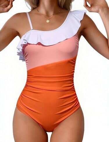 Women One Piece Swimsuit Tummy Control One Shoulder Color Block Ruched Bathing Suit Removable Strap Swimwear in Saudi Arabia