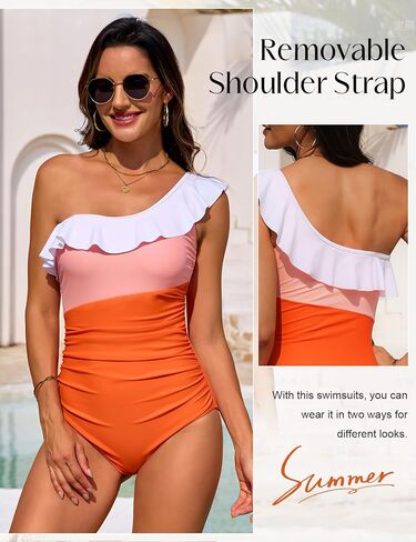 Women One Piece Swimsuit Tummy Control One Shoulder Color Block Ruched Bathing Suit Removable Strap Swimwear in Saudi Arabia