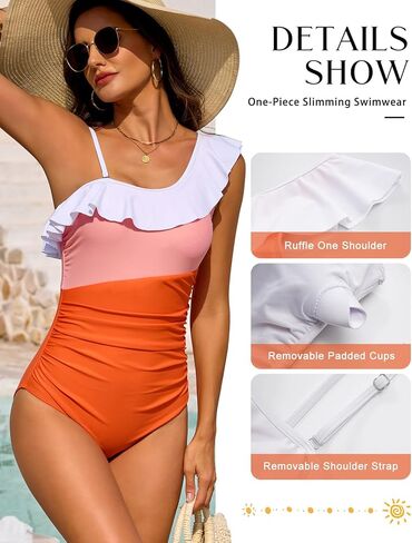 Women One Piece Swimsuit Tummy Control One Shoulder Color Block Ruched Bathing Suit Removable Strap Swimwear in Saudi Arabia