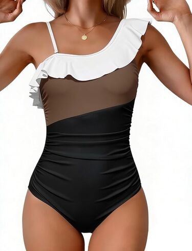 Women One Piece Swimsuit Tummy Control One Shoulder Color Block Ruched Bathing Suit Removable Strap Swimwear in Saudi Arabia