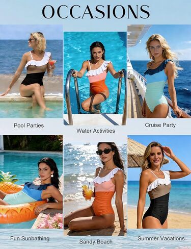 Women One Piece Swimsuit Tummy Control One Shoulder Color Block Ruched Bathing Suit Removable Strap Swimwear in Saudi Arabia