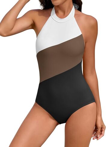 Women Tummy Control One Piece Swimsuit Modest Halter Bathing Suit Full Coverage High Neck Color Block Swimwear in Saudi Arabia