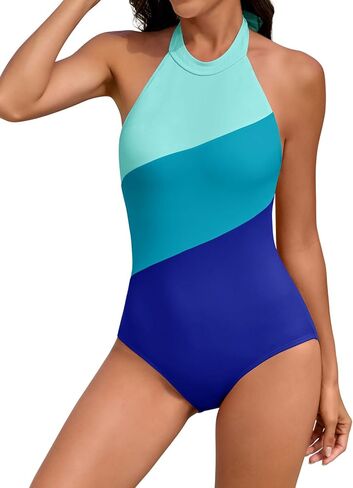 Women Tummy Control One Piece Swimsuit Modest Halter Bathing Suit Full Coverage High Neck Color Block Swimwear in Saudi Arabia