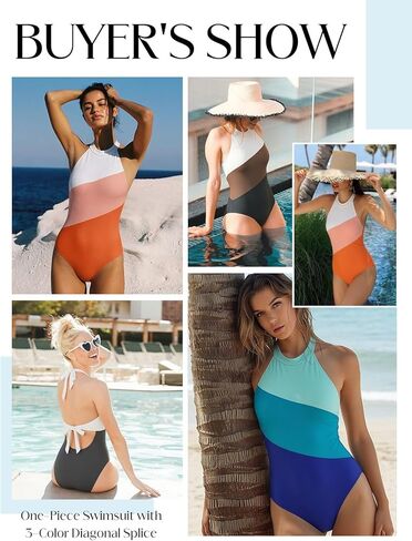 Women Tummy Control One Piece Swimsuit Modest Halter Bathing Suit Full Coverage High Neck Color Block Swimwear in Saudi Arabia