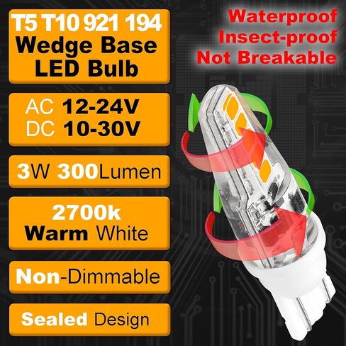 T10 إسفين قاعدة المناظر الطبيعية 194 921 LED لمبة الضوء 2700K أبيض دافئ 3W يعادل 15W 20W الجهد المنخفض AC / DC12V-24V T5 LED لمبة Landsacpe Garden Deck RV Camper Marine Boat قبة الإضاءة، 8 حزمة in Kuwait