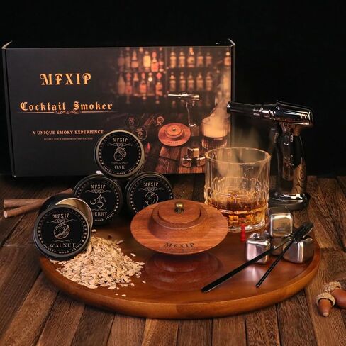 طقم مدخن الكوكتيل مع الشعلة، طقم مدخن الويسكي، طقم مدخن المشروبات ذو الطراز القديم - 4 نكهات خشبية، طقم مصفاة مدخن الويسكي - هدايا بوربون للرجال، الأب (بدون البيوتان) in Kuwait