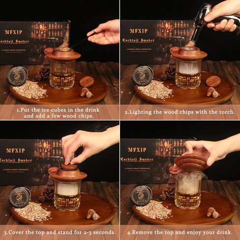 طقم مدخن الكوكتيل مع الشعلة، طقم مدخن الويسكي، طقم مدخن المشروبات ذو الطراز القديم - 4 نكهات خشبية، طقم مصفاة مدخن الويسكي - هدايا بوربون للرجال، الأب (بدون البيوتان) in Kuwait