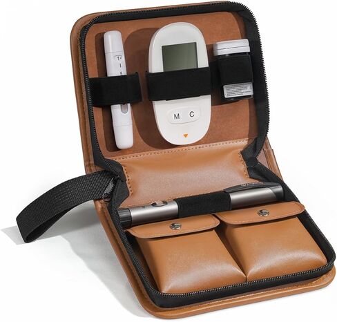 Blood Glucose Monitor Kit, Durable Eco-Friendly PU Leather Diabetic Insulin Supplies Carrying Case, Blood Glucose Meter Storage Organize Bag with Adjustable Capacity and Multi-Pocket Design in Saudi Arabia