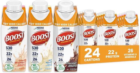 BOOST مشروب غذائي عالي السعرات الحرارية، يدعم زيادة الوزن والحفاظ عليه، 22 جم بروتين، فراولة كريمية، 8 أونصة سائلة (عبوة من 24 قطعة) in Saudi Arabia
