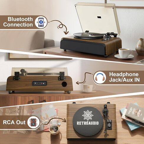 سجل لاعب السجل عالي الدقة مع نظام الصوت المدمج في نظام الصوت 2.1 لقناة للمشغل المحسّن ، مشغل سجل الفينيل مع خرطوشة مغناطيسية BT5.3 تشغيل RCA Out AUX في حزام-درايف 33/45RPM in Kuwait