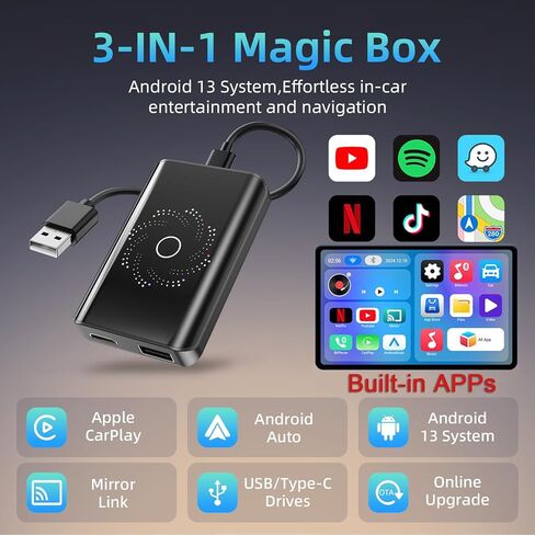 4-in-1 Wireless Carplay Adapter & Android Auto Adapter, Android 13 System, Dual WiFi,Bluetooth 5.4, 4K Video, for Netflix/YouTube, Split-Screen & Mirroring, for OEM Wired CarPlay （4GB RAM+32GB ROM） in Saudi Arabia