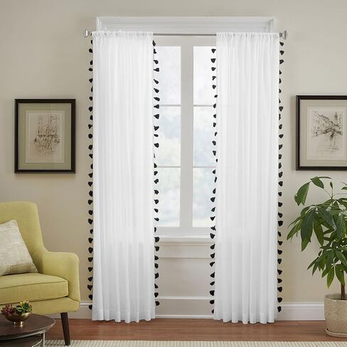Elrene Home Fashions Bianca Boho Semi-Sheer White Cotton Rod-Pocket Window Curtain Panel with Colorful Side Tassels, 52 inches by 84 inches, Blush Pink in Saudi Arabia