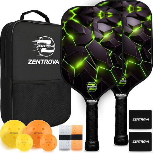 Zentrova Pickleball Paddles Set of 2, Fiberglass Surface w/PP Honeycomb Core Pickleball Rackets, Lightweight Pickle Ball Paddle w/4 Balls, 2 Overgrips, 2 Wristbands & Carry Bag – for Men & Women in Saudi Arabia