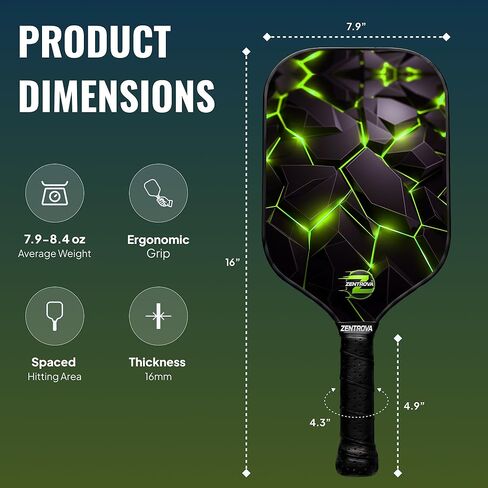 Zentrova Pickleball Paddles Set of 2, Fiberglass Surface w/PP Honeycomb Core Pickleball Rackets, Lightweight Pickle Ball Paddle w/4 Balls, 2 Overgrips, 2 Wristbands & Carry Bag – for Men & Women in Saudi Arabia