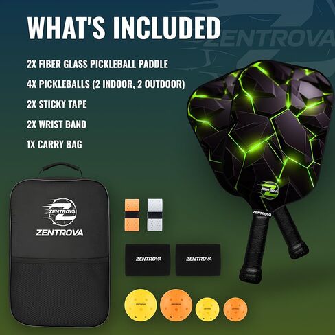 Zentrova Pickleball Paddles Set of 2, Fiberglass Surface w/PP Honeycomb Core Pickleball Rackets, Lightweight Pickle Ball Paddle w/4 Balls, 2 Overgrips, 2 Wristbands & Carry Bag – for Men & Women in Saudi Arabia