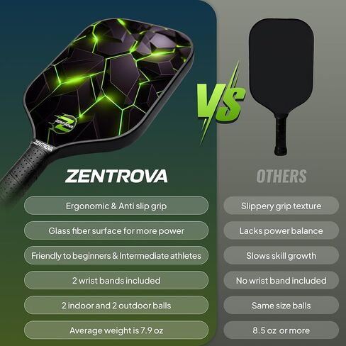 Zentrova Pickleball Paddles Set of 2, Fiberglass Surface w/PP Honeycomb Core Pickleball Rackets, Lightweight Pickle Ball Paddle w/4 Balls, 2 Overgrips, 2 Wristbands & Carry Bag – for Men & Women in Saudi Arabia