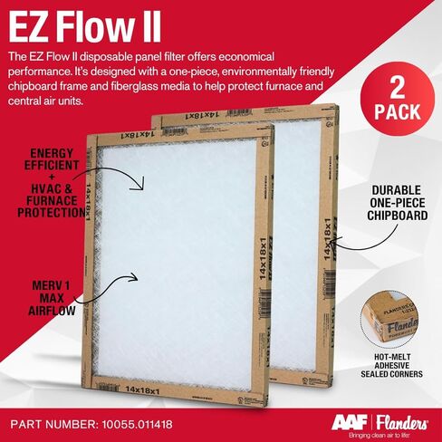 مرشحات هواء Flanders EZ-Flow II 14x18x1، MERV 1، فرن، HVAC، وفلتر تيار متردد - تدفق هواء عالي، موفر للطاقة، وسائط من الألياف الزجاجية 10055.011418 (عبوتان) in Kuwait