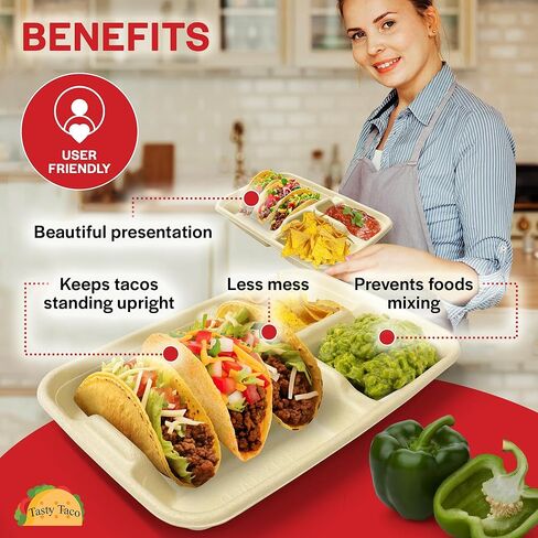 3-Taco & 2-Sides Taco Plates, Disposable Paper Plates with Dividers – 25 PACK | Taco Tray for Party, Fiesta Taco Holder, Taco Stand for Taco Tuesday & Taco Bar, Microwave-Safe Taco Plates (25 Plates) in Saudi Arabia