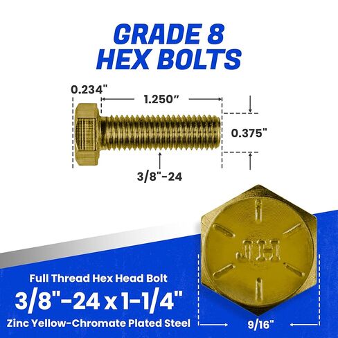 Fastenere 3/8"-24 x 6 Hex Bolts Grade 8 Zinc Yellow-Chromate Plated Steel, Partial Threaded Durable Hex Bolts for Machinery & Construction, Rust-Resistant, Heavy-Duty Fasteners, Pack of 10 in Saudi Arabia