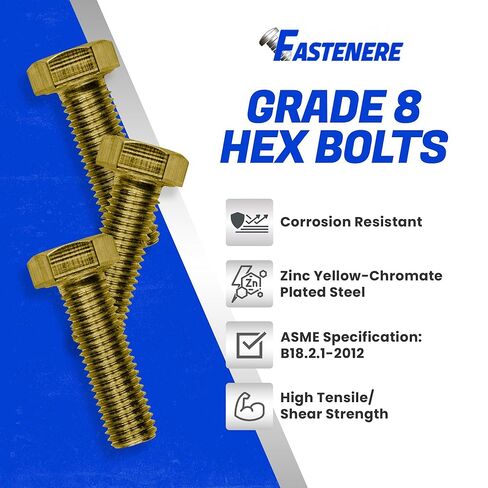 Fastenere 3/8"-24 x 6 Hex Bolts Grade 8 Zinc Yellow-Chromate Plated Steel, Partial Threaded Durable Hex Bolts for Machinery & Construction, Rust-Resistant, Heavy-Duty Fasteners, Pack of 10 in Saudi Arabia